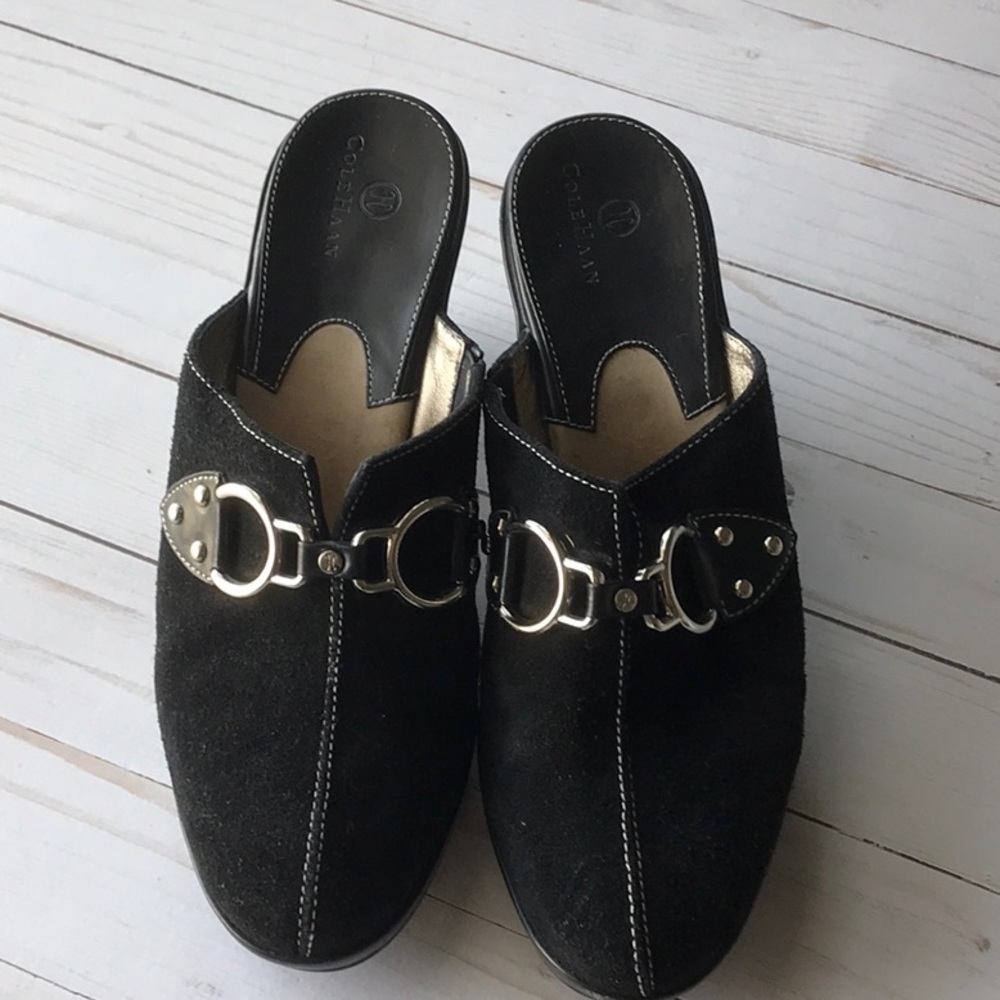 *SALE* Cole Haan black suede mules silver buckle